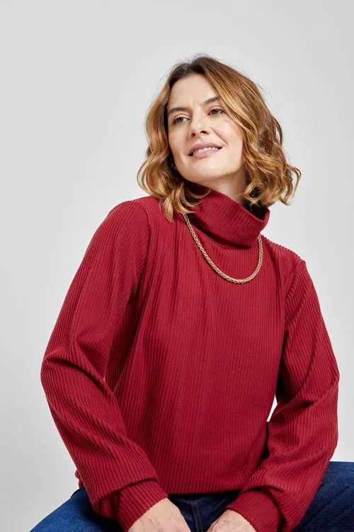 Blusa Feminina Vinho Gola Alta Canelada