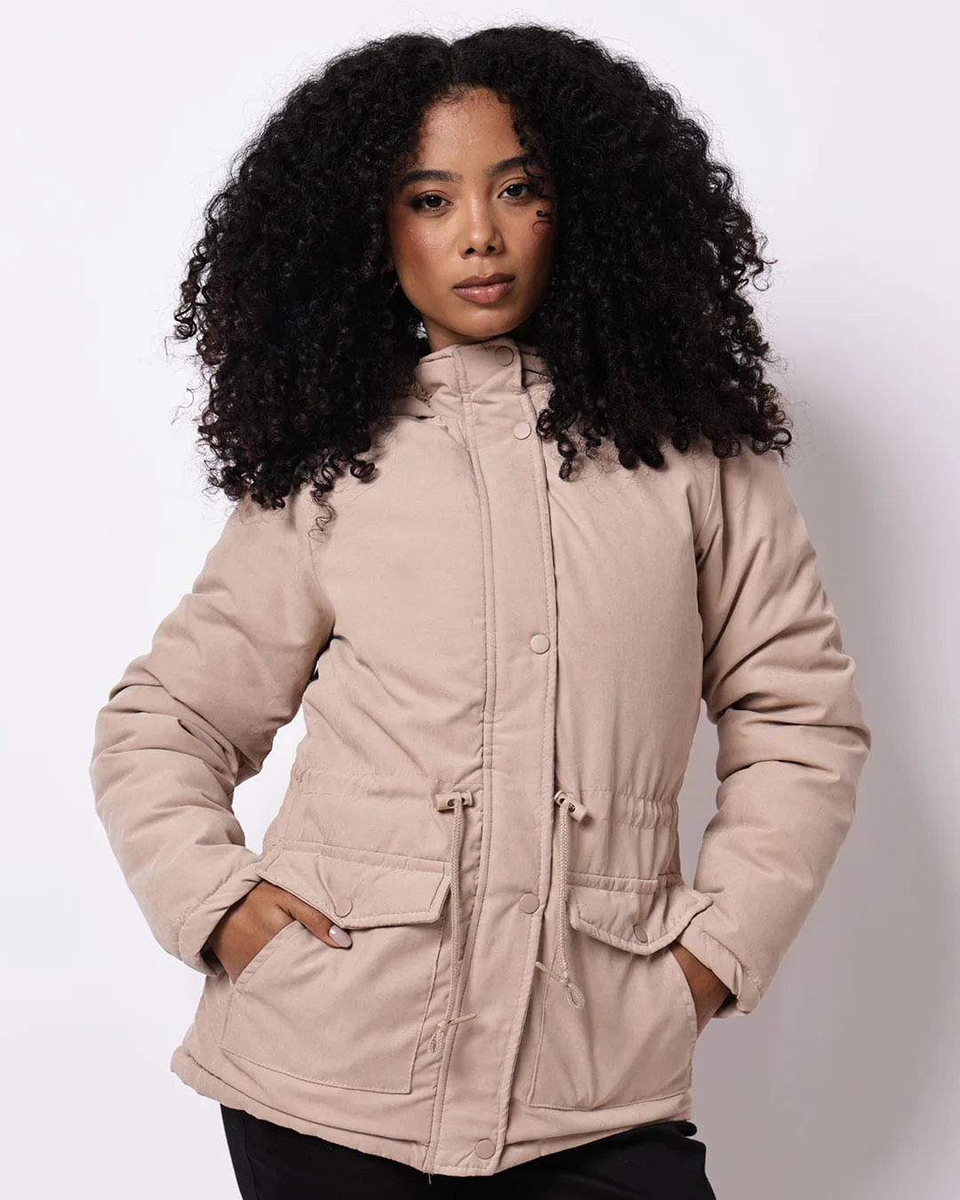 Parka Sarja Feminina com Pelúcia Capuz Bolsos Bege