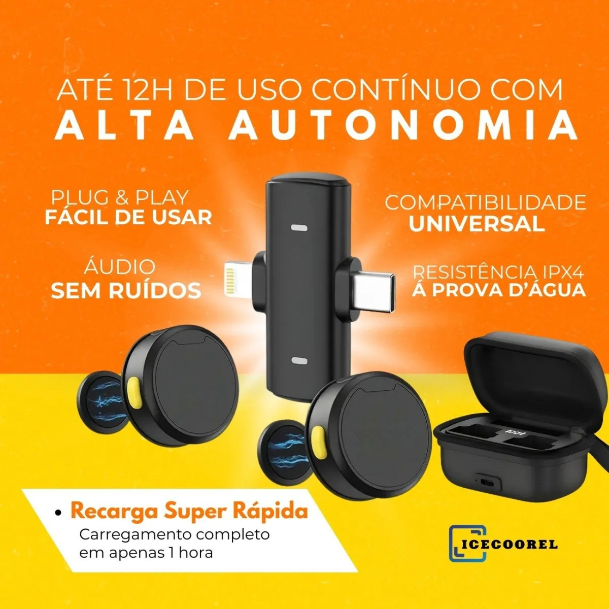 Microfone De Lapela Sem Fio Duplo Anti Ruido Profissional Imã Com Fixação Magnética Compativel Case De Carregamento Com iPhone 11 12 13 14 15 16 17 Android Samsung Xiaomi Motorola Preto Ice Coorel