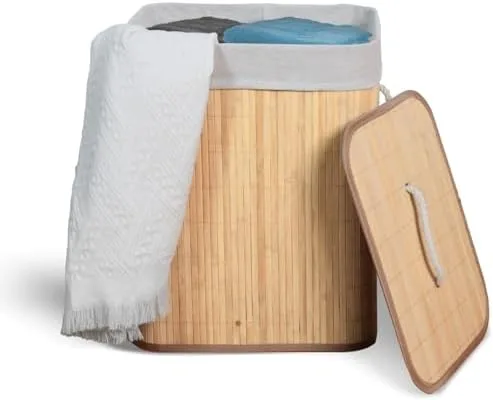 Cesto De Roupa Suja com Alças Em Bambu Com Tampa Forrado Banheiro Lavanderia Quarto