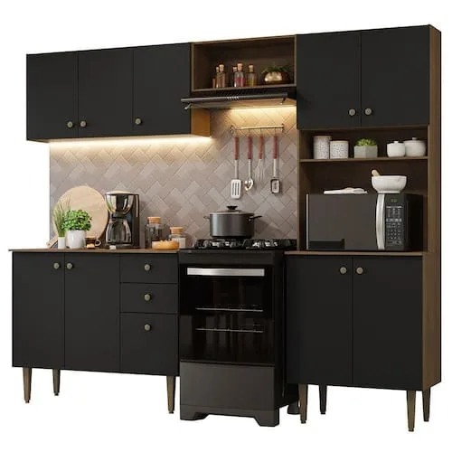 Armário de Cozinha Compacta 235cm Rustic/Preto Gourmet Madesa 01 - Marrom
