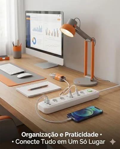 Régua de energia com 5 tomadas + USB + Tipo-C • Cabo 2m • Filtro de Linha • Bivolt automático • Ideal para home office, TV e PC