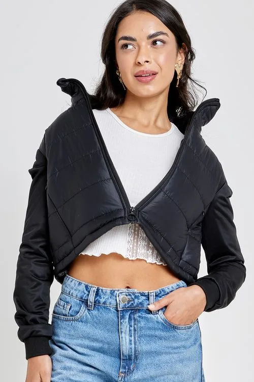 Jaqueta Puffer Cropped Feminina Preta Acolchoada Losangos