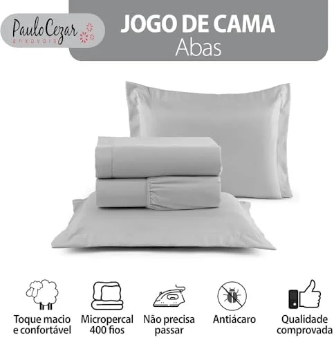 Jogo de Cama 400 Fios Percal Com Lençol de Cima e Aba Americana, Antiácaro, Anti-pilling com Toque Macio Elástico Hotel - (Cinza,Queen)