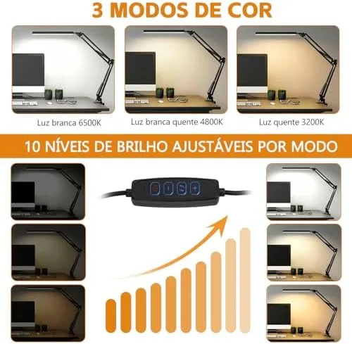 Luminária de Mesa LED com Braço Flexível 360° e Prendedor, Luz para Leitura com 3 Modos de Cor e 10 Níveis de Brilho Ajustável, Abajur com Função Memória para Escritório e Estudo
