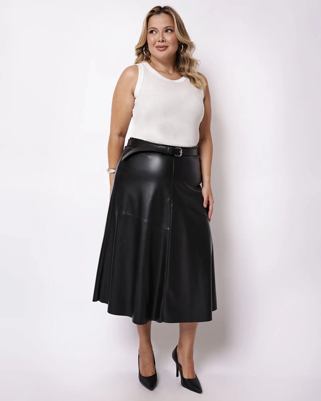 Saia Midi Plus Size Feminina PU com Recortes Preto
