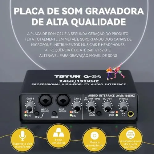 Q-24 Interface de audio,placa de som profissional de canal USB 2.0 DC 5V de alta velocidade, função de monitor para estúdio/gravação musical/jogos/Equipamentos para Gravação Musical