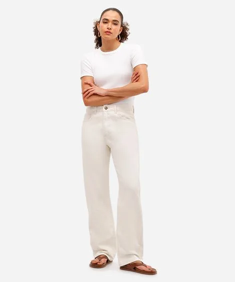 calça reta feminina de sarja cintura alta off white