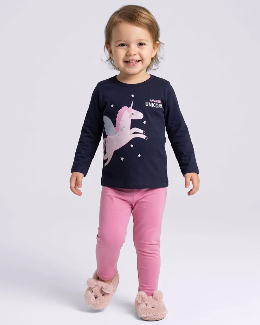 Pijama Bebê Manga Longa Malha Unicórnio Marinho
