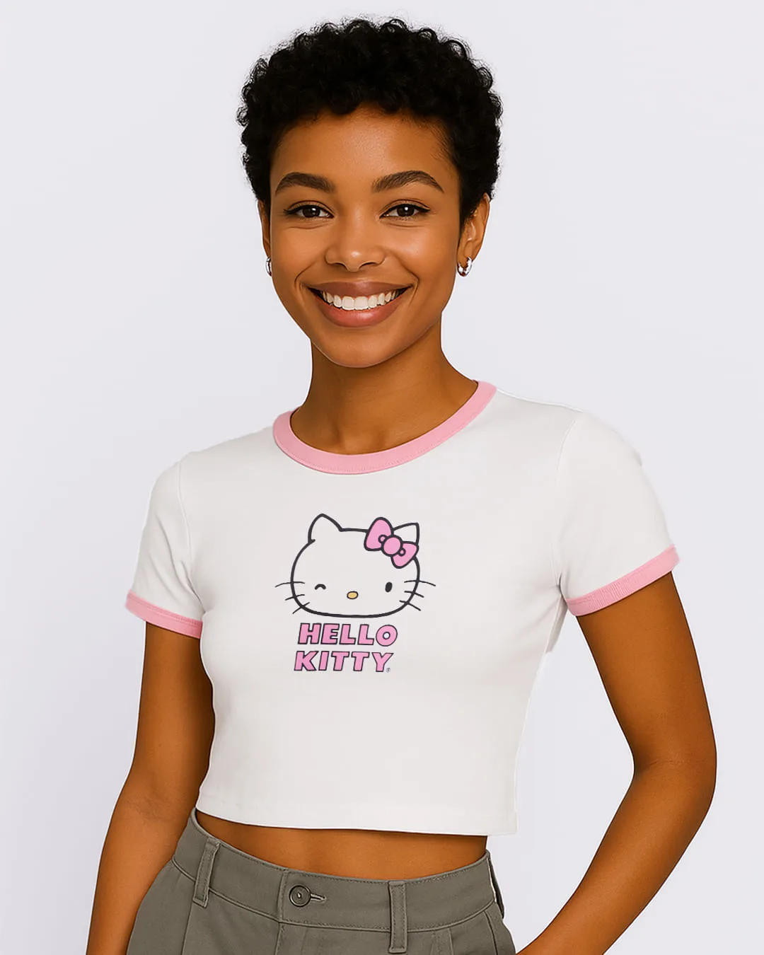 Camiseta Cropped Feminina Algodão Hello Kitty Branca