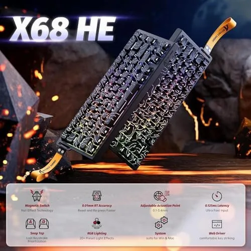 ATTACK SHARK X68 HE Teclado mecânico para jogos de gatilho rápido 60% com fio e atuação ajustável,interruptor magnético de efeito Hall,taxa de pesquisa de 8 KHz,retroiluminação RGB (Contorno Preto)