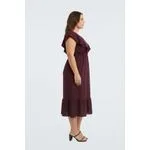 Vestido Feminino Vinho Decote V Babados Cintura Marcada