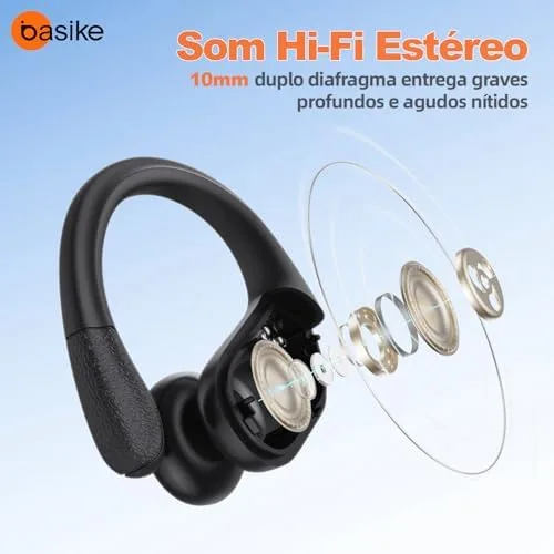 Basike Fone de Ouvido Bluetooth 6.0 Esportivo Intra-Auricular, Som Hi-Fi Estéreo, Suporta Chamadas de Voz, Display LED, TWS/IPX5/ENC Compatível com Android e iOS – Preto