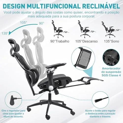 Hivento Cadeira de Escritório Ergonômica com Encosto Ajustável de 145°, Apoio para os Pés, Apoio Lombar e Apoio de Cabeça Ajustáveis, Braços 9D e Capacidade de Carga de até 150 kg