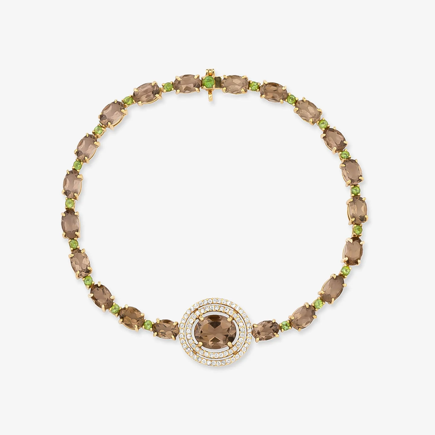 Pulseira Singular em Ouro Amarelo 18k com Quartzos Fumê, Turmalinas Verdes e Diamantes
