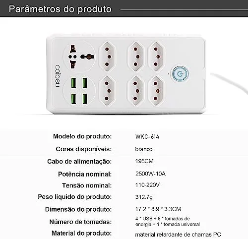 Extensão Tomada, Régua Tomada, Régua de Energia, 6 Tomadas, 4 Interfaces USB, 1 Tomada Universal, Cabo de Alimentação de 1,9 metros, Suporte a Tensão de 110-220V, Potência de 2500W, Branco