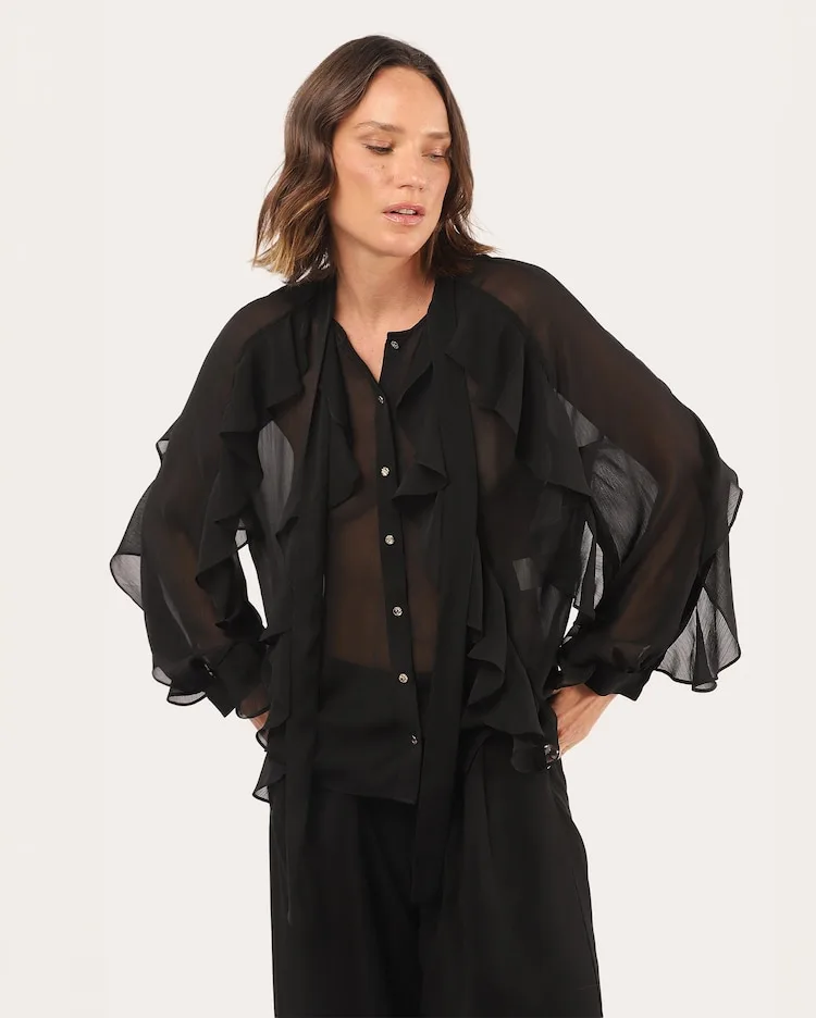 Camisa feminina em tule com babados - Preto