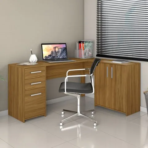Escrivaninha Mesa Escritório em L Office Nt 2005 2 Gavetas 3 Portas 157cm Freijo Trend