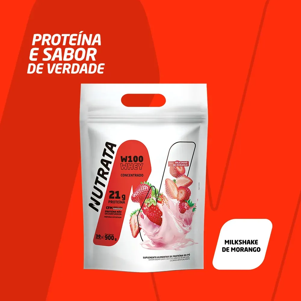 W100 Whey Concentrado Pouch 900g Morango Nutrata