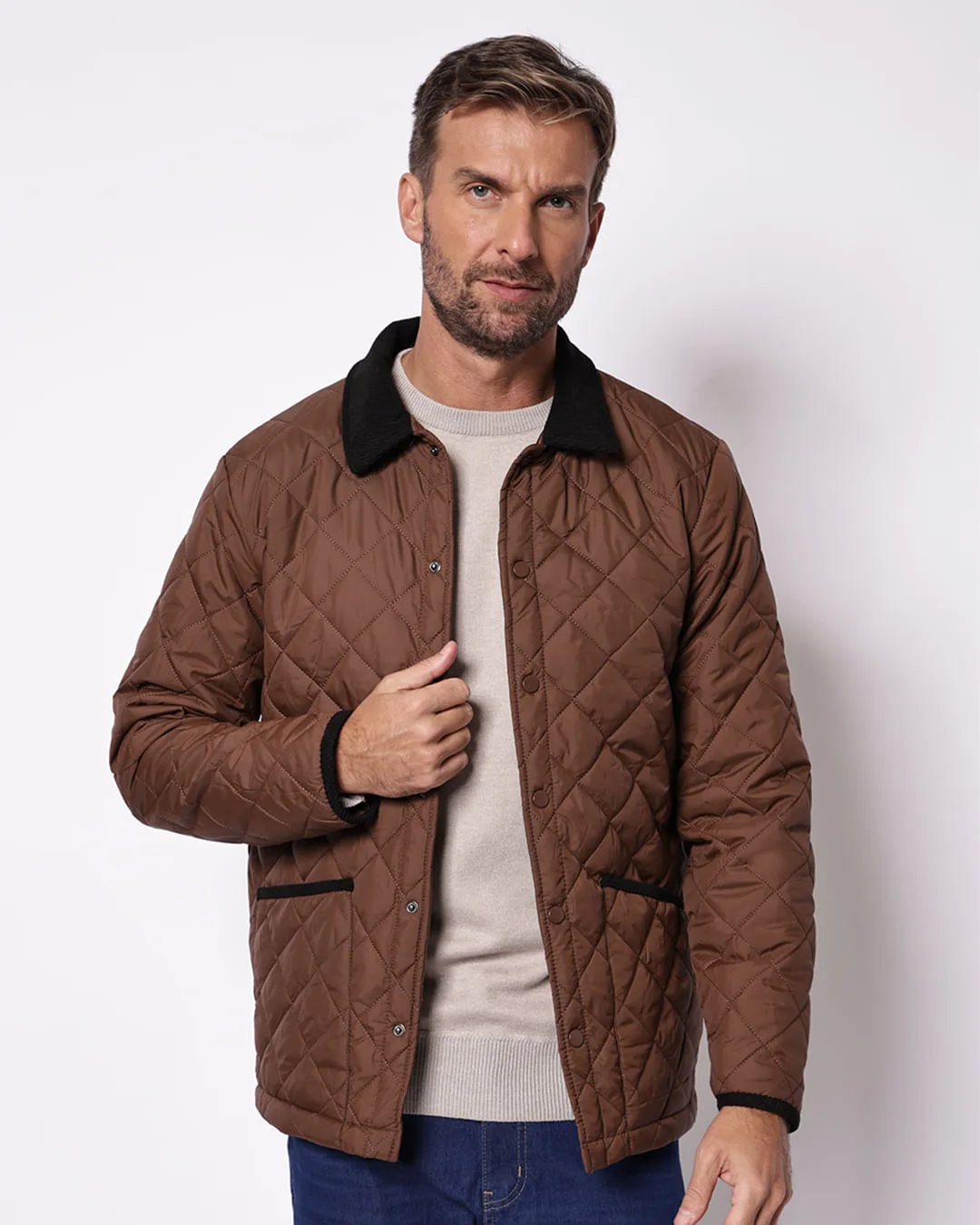 Jaqueta Masculina Puffer Gola Canelada Marrom
