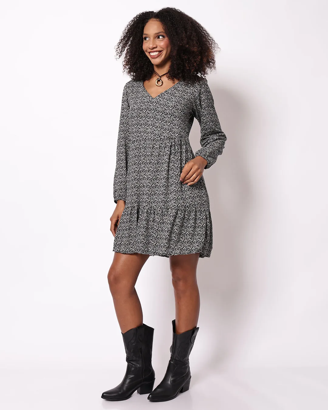 Vestido Feminino Viscose Berry & Co Estampado Preto