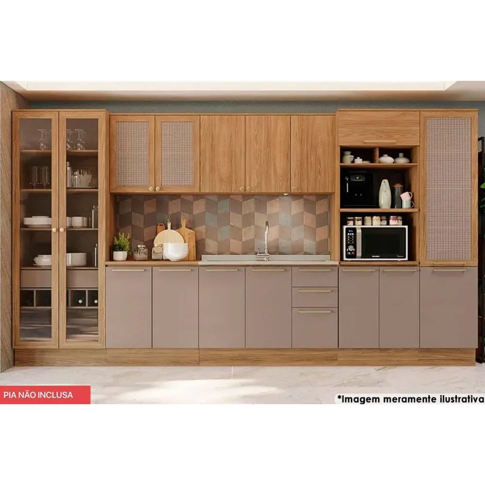 Cozinha Completa Botanic 8 Peças (2 Armários + 2 Balcões + 3 Paneleiros + 1 Complemento) s/Pia M646 Nogueira/Fendi - Kappesberg