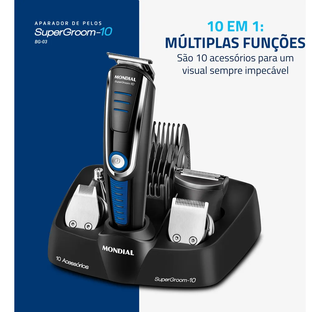 Aparador de Pelos Mondial Super Groom 10 BG-03 6W Bivolt — Completo