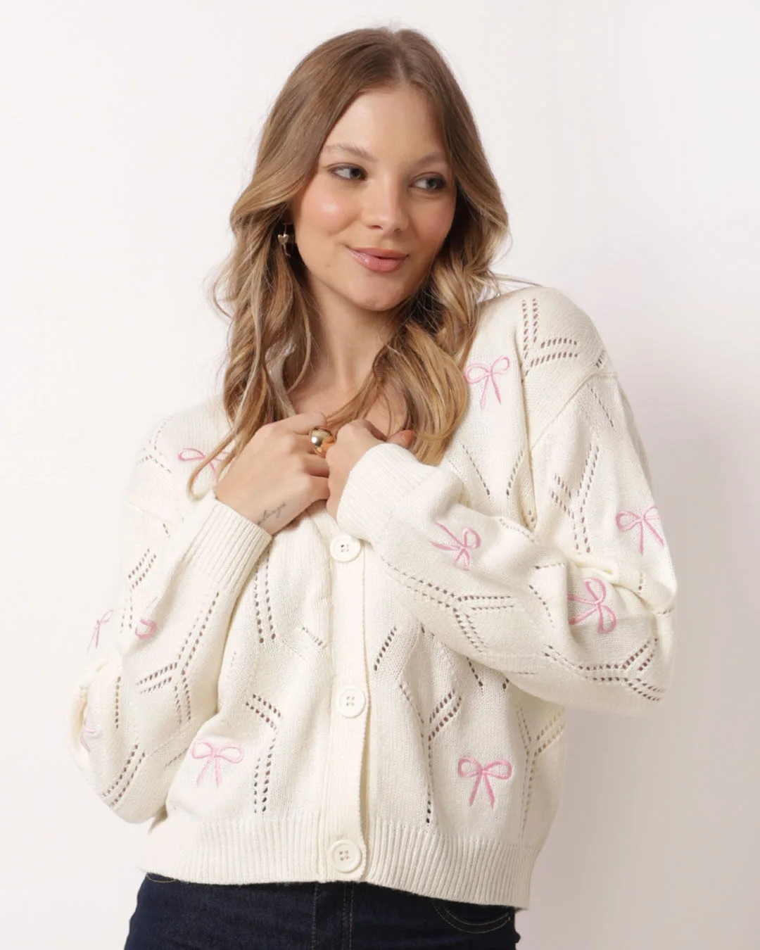 Cardigan Feminino Tricô Laços Bordados Off White