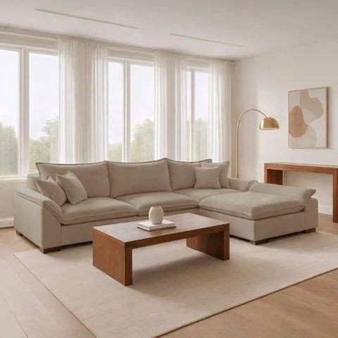 Sofá de Canto 6 Lugares com Chaise Modulado 320cm com Base em Madeira Maciça Dominique