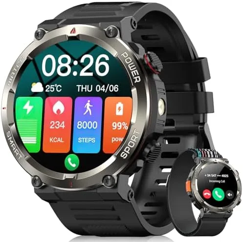 Smartwatch Militar Masculino,Relógio Inteligente com Chamadas,Tela HD de 1.45",2 Alças,100+ Modos Esportivos,Resistente à Água e Compatível com iOS e Android