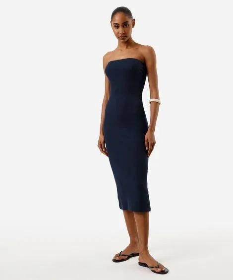 vestido midi sem alça canelado feminino de algodão azul