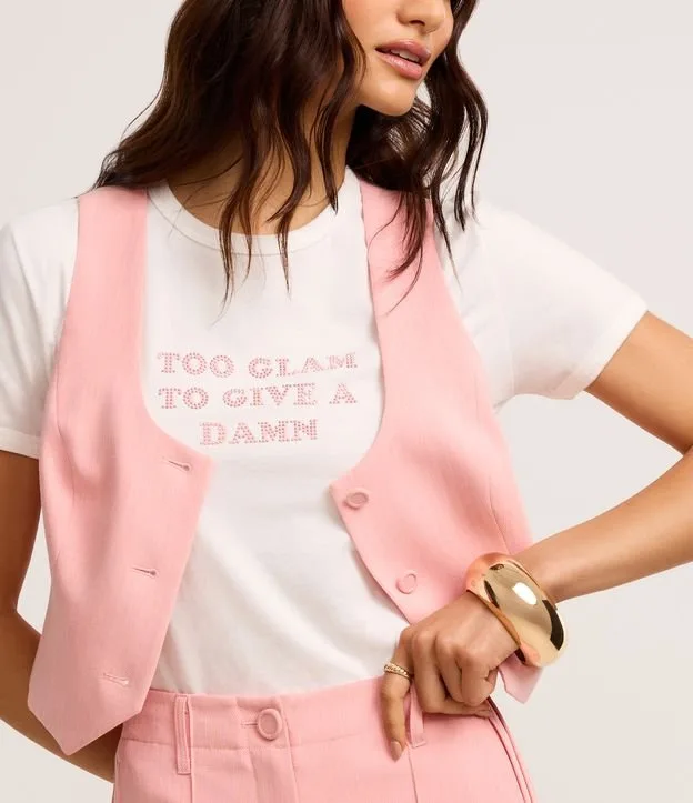Camiseta em Algodão com Estampa Too Glam em Strass