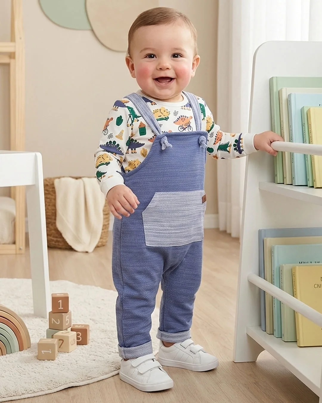 Conjunto Jardineira Bebê Manga Longa Dinossauro Azul