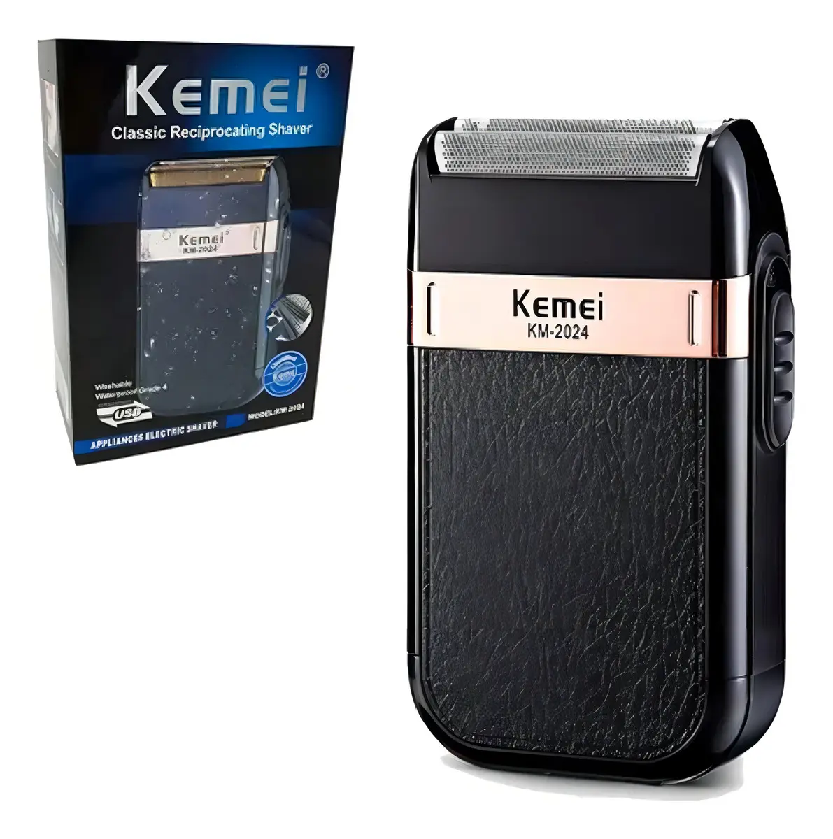 Barbeador Elétrico Kemei KM-2024 Recarregável USB Bivolt Portátil Sem Fio Autonomia 60 min Lâminas Duplas Acabamento Preciso Silencioso à Prova D’água Aparador Profissional Original Kemei