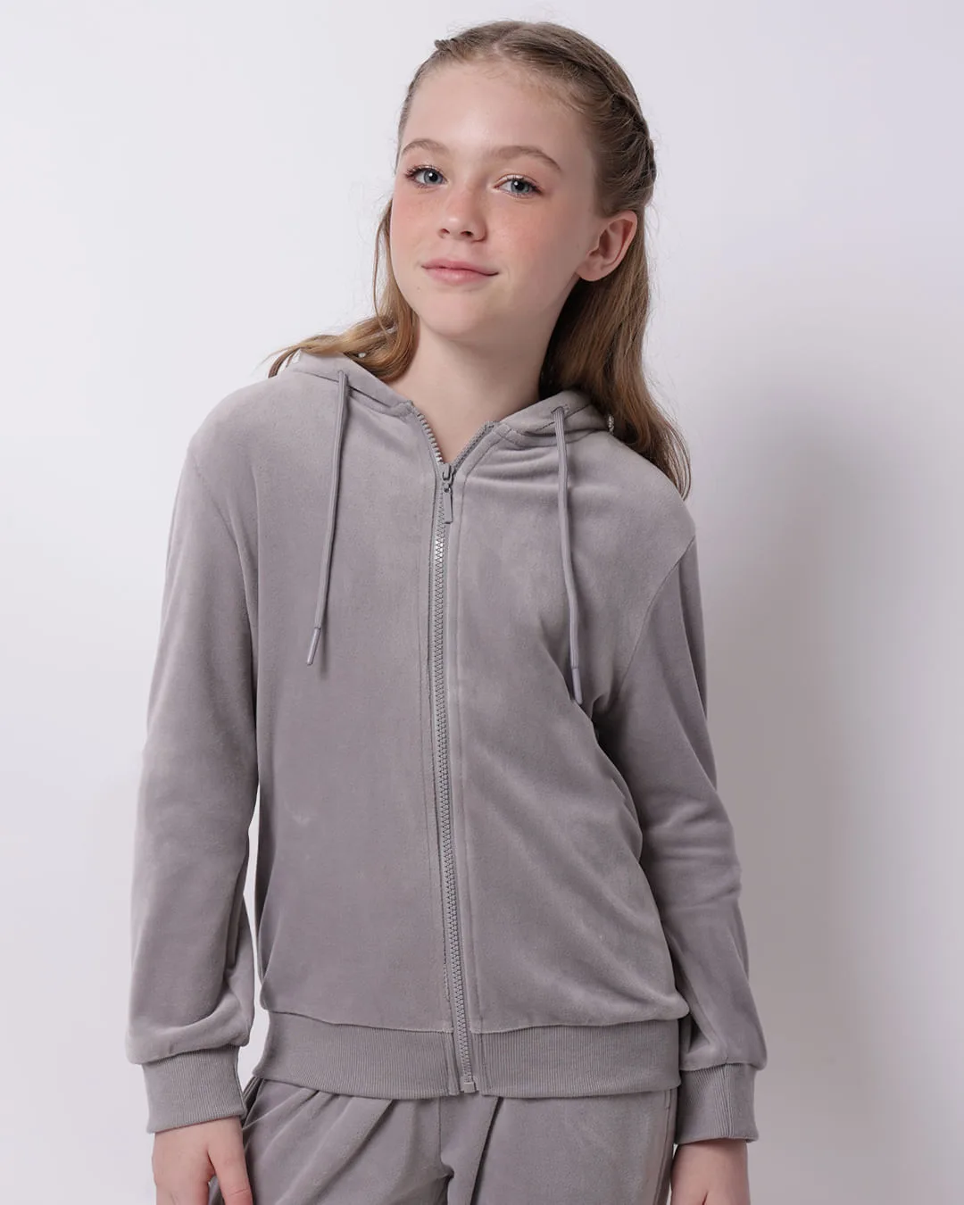 Jaqueta Juvenil Plush com Capuz Cinza