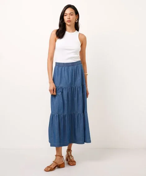 saia jeans midi cintura super alta cós elástico azul escuro