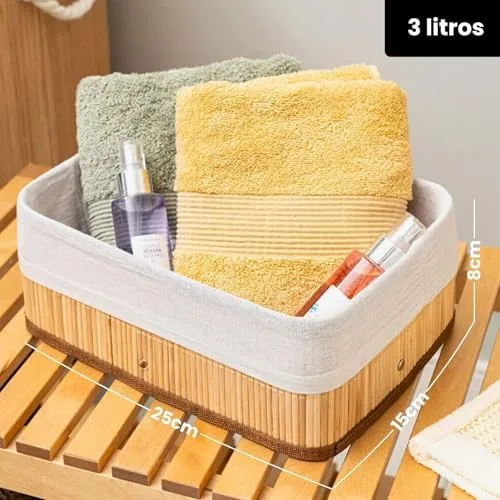 Cestos Organizadores De Bambu 3 Unidades Multiuso Com Forro Perfeito Para Banheiros, Armários, Lavanderias. Bonito e Elegante (Natural)
