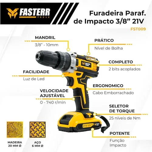 Parafusadeira Furadeira de Impacto 3/8"  21V e 33 Acessórios com Maleta FASTERR - FST009