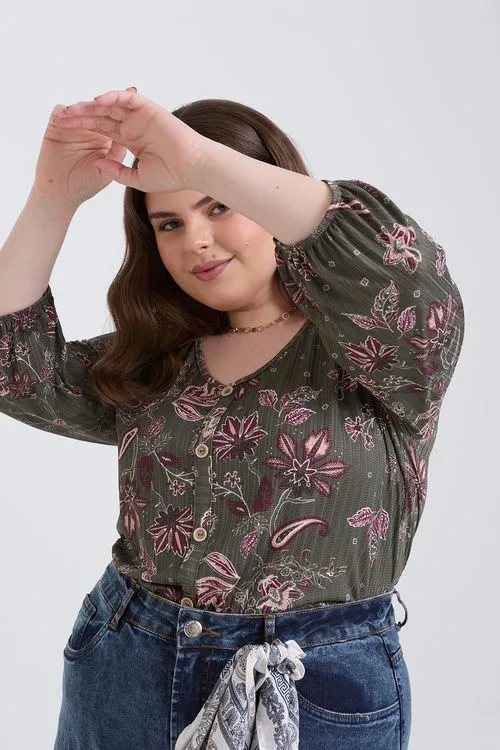 Blusa Feminina Verde Musgo Estampa Floral Paisley