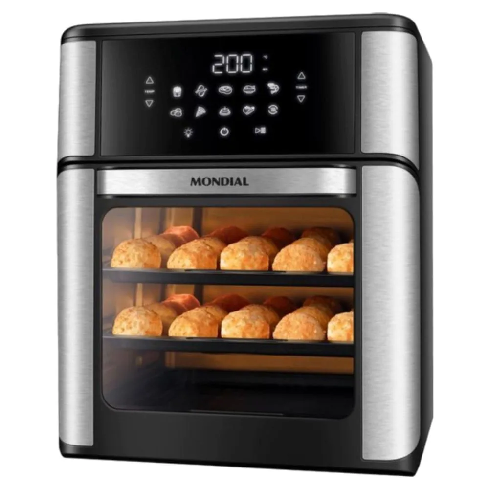 Air Fryer Mondial 12L Preto/Inox Forno 2 em 1 Painel Digital 10 Funções Sem Óleo Fritadeira Elétrica Air Fryer Mondial Forno Oven 12L 2000W Preto/Inox 2000W AFON-12L-BI - 110v