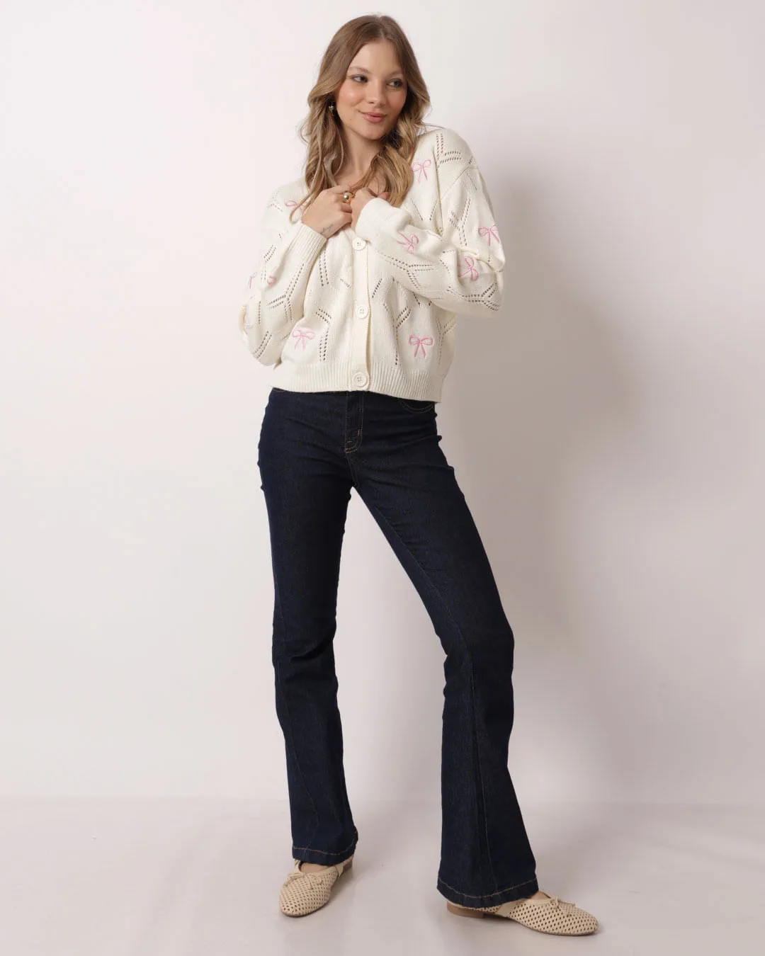 Cardigan Feminino Tricô Laços Bordados Off White