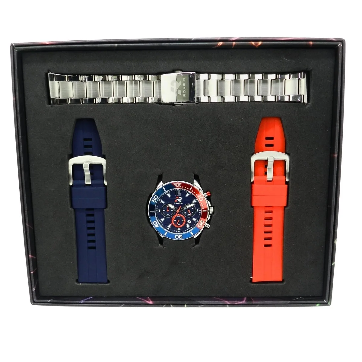 Relógio Cronógrafo Masculino Roaris Analógico RR00001 Prata e Azul e Vermelho Prata