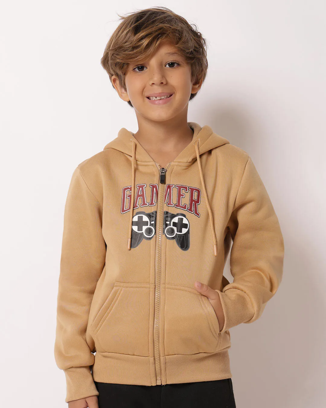 Jaqueta Moletom Infantil Estampa Gamer com Capuz Bege