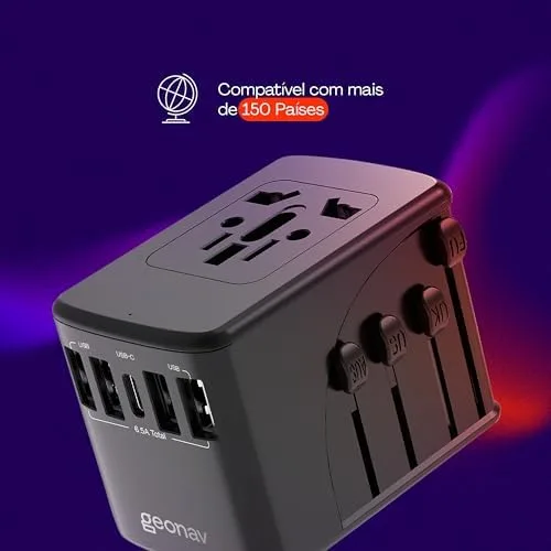 Geonav Carregador Universal com Adaptadores de Viagem, 4 Portas USB + 1 USB-C (Preto)