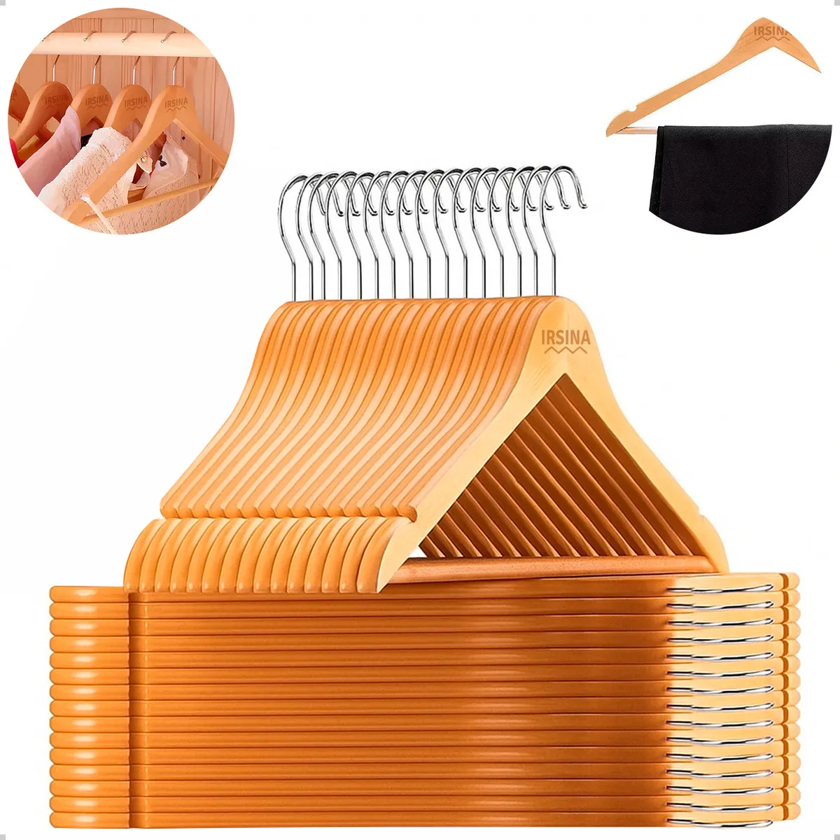 Kit 30 Cabides de Madeira Antiderrapantes IRSINA com Gancho Giratório