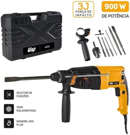 WAP Martelete Rompedor Perfurador 1/2" EMPR 900K SDS PLUS com Engate Rápido e Punho Auxiliar Multidirecional, 900W 127V