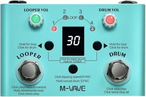 M-VAVE VEDO Pedal de Efeito para Guitarra LOST TEMPO V2 | Looper, Drum Machine com 30 Ritmos, Metrônomo, Tuner de Alta Precisão, Gravação de até 11 Minutos, 4 Loops USB Ideal Prática Estúdio