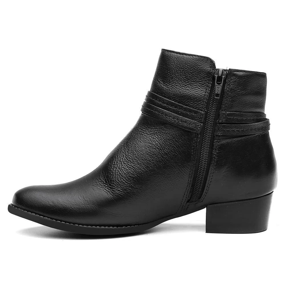 Bota Feminina Cano Curto Couro Salto Baixo Confortável Preto