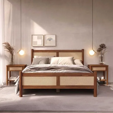 Cama de Casal Madeira Maciça com Rattan 140 X 190 Cm Castanho Cefira Idimex