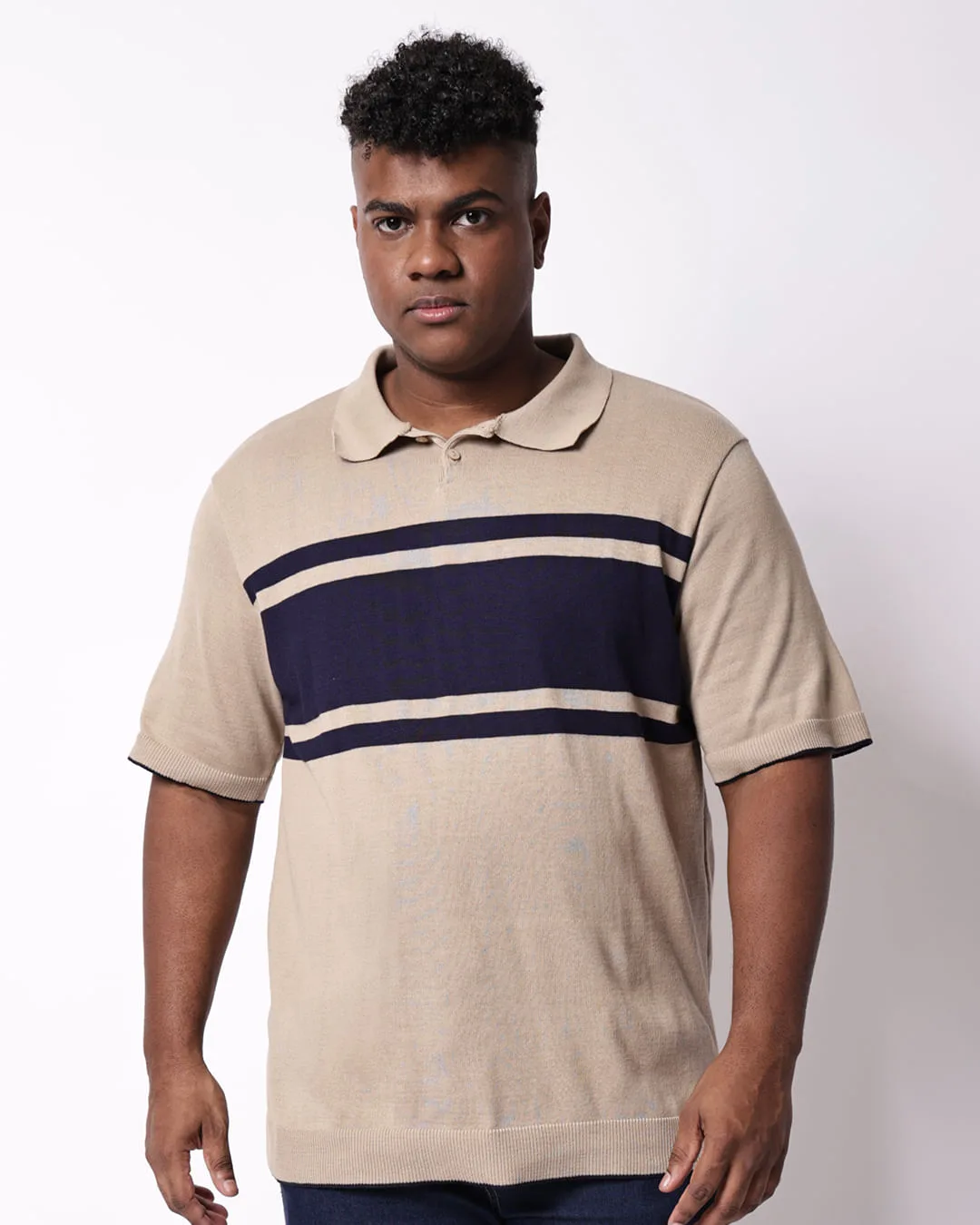 Camisa Polo Plus Size Masculina Tricô com Listras Bege